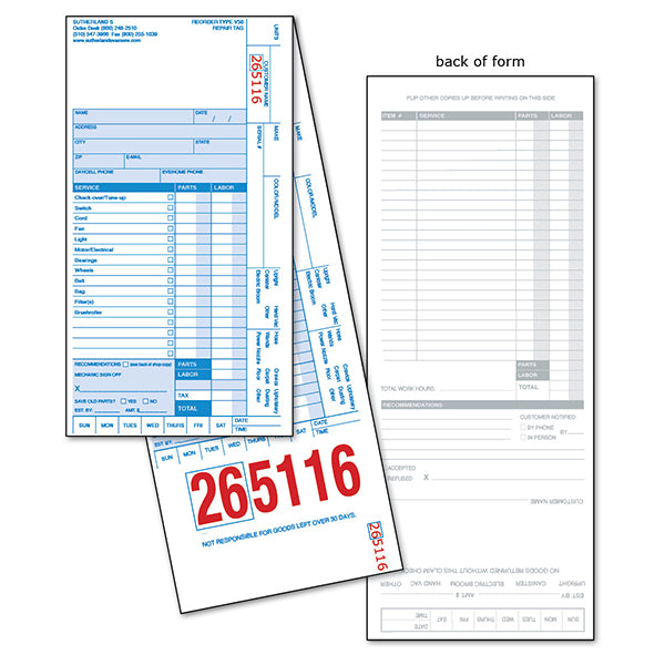 Type V50 Vacuum Service Form without Shop Name